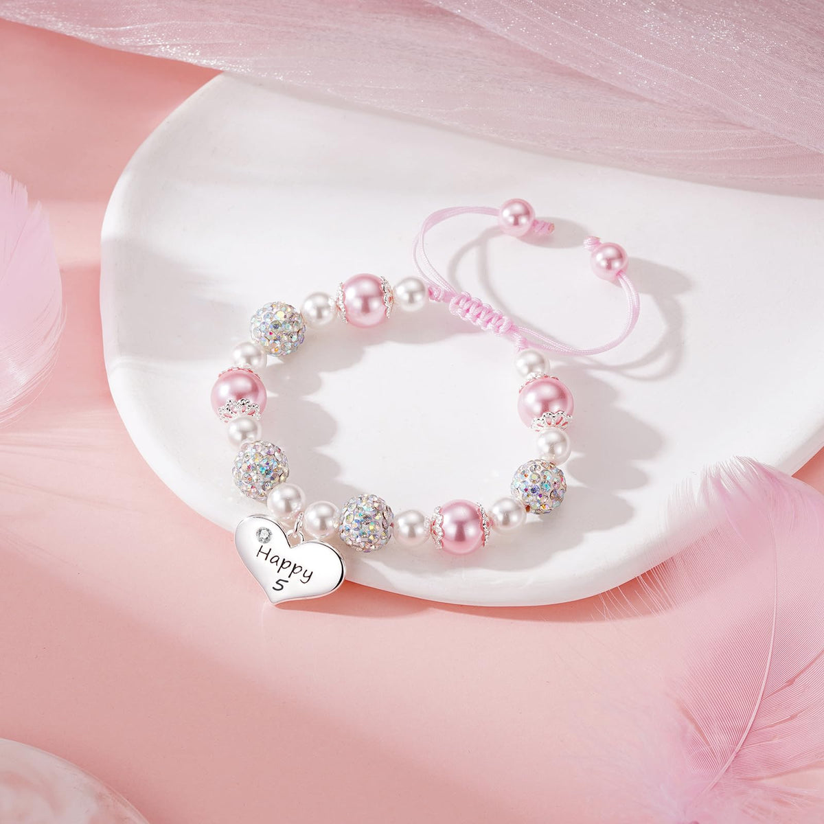 Saroly 5 Year Old Girl Birthday Gifts, Adjustable Pink Pearl Heart Pendant Beaded Bday Bracelet as 5yr Five Year Old 5th Birthday Christmas Jewelry Gifts for Girls Daughter Granddaughter Niece Sister Decorations