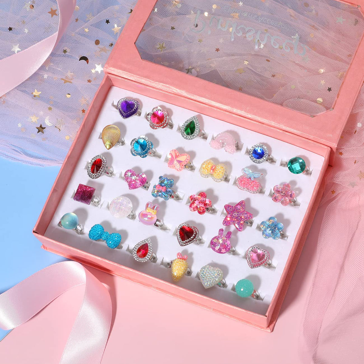 PinkSheep Little Girl Jewel Rings,Adjustable Toddler Rings for Kids Age 3-8