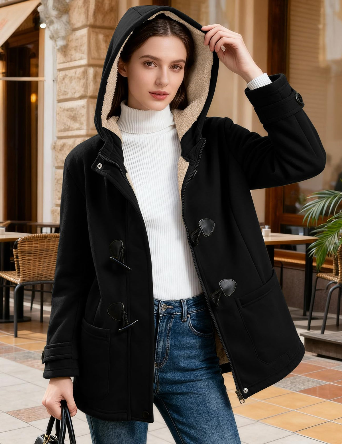 Flygo Sherpa Lined Winter Jackets for Women Fleece Hoodie Jacket Warm Fall Winter Toggle Duffle Coats(Black-S)
