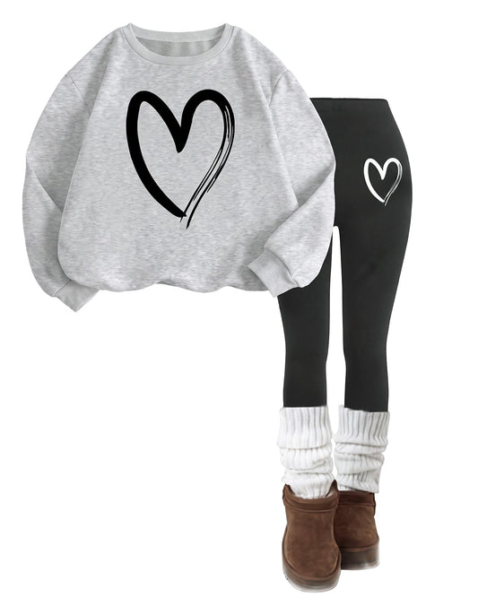 Girls Clothes Grey Black Hearts Girls 2 Piece Outfits 6-7 Clothing Size 6 7