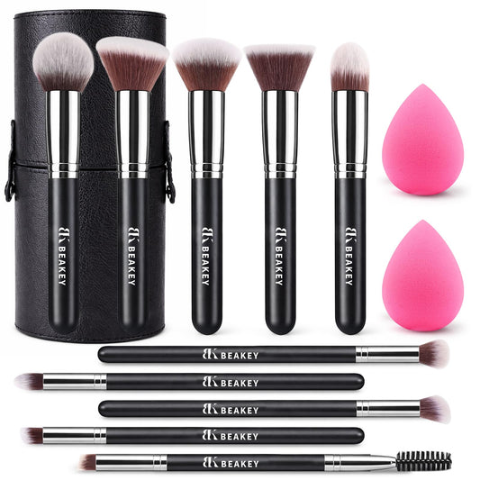 BEAKEY Makeup Brush Set,13 Pcs with Case,10 Brushes and 2 Sponges