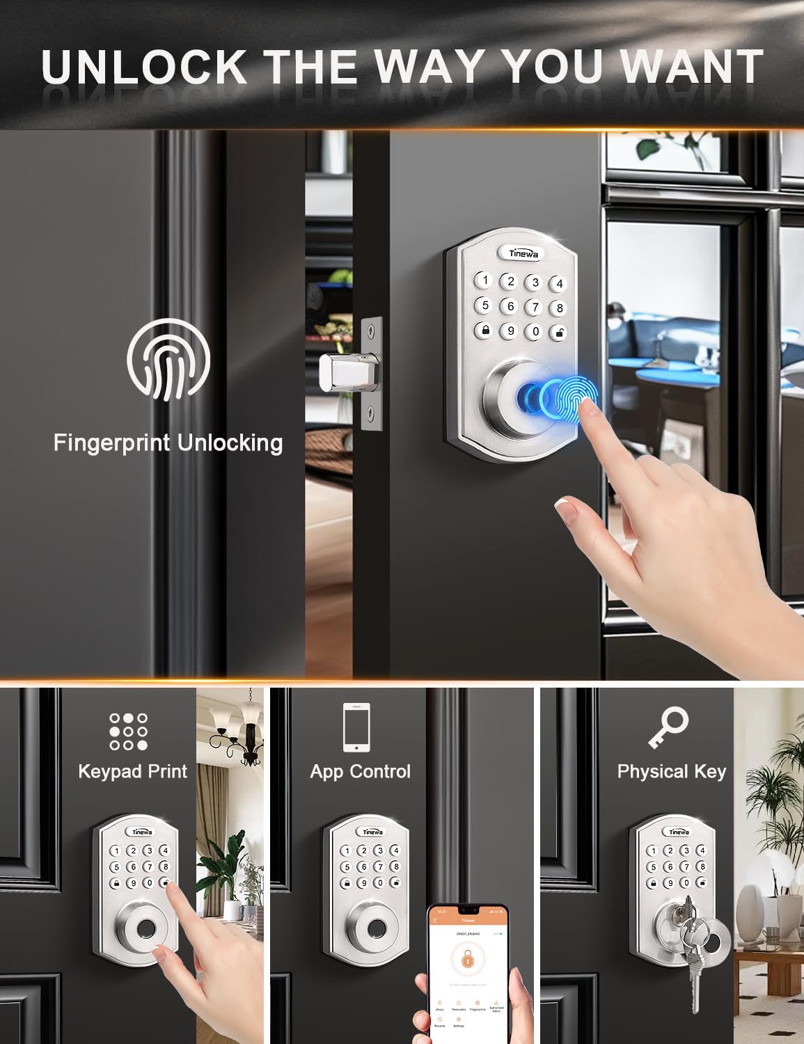 Tinewa Smart Locks for Front Door - Satin Nickel Keyless Entry Door Lock with Wave Lever Handle, Electronic Digital Keypad Deadbolt with Fingerprint, APP Control, Easy Installation, Home Security
