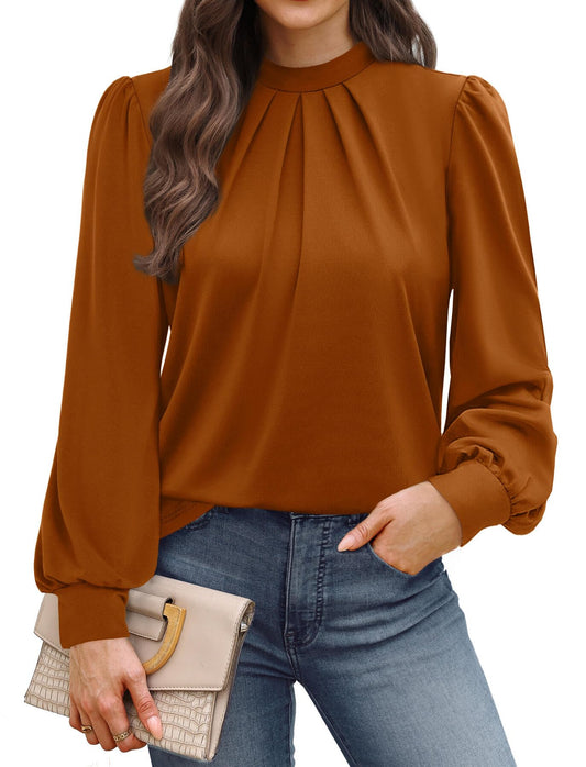 WIHOLL Fall Outfits for Women 2026 Long Sleeve Shirts for Women Blouses Business Casual Womens Tops Mock Neck Tunic Fall Tops Pleated Winter Clothes Fashion Clothing Caramel S