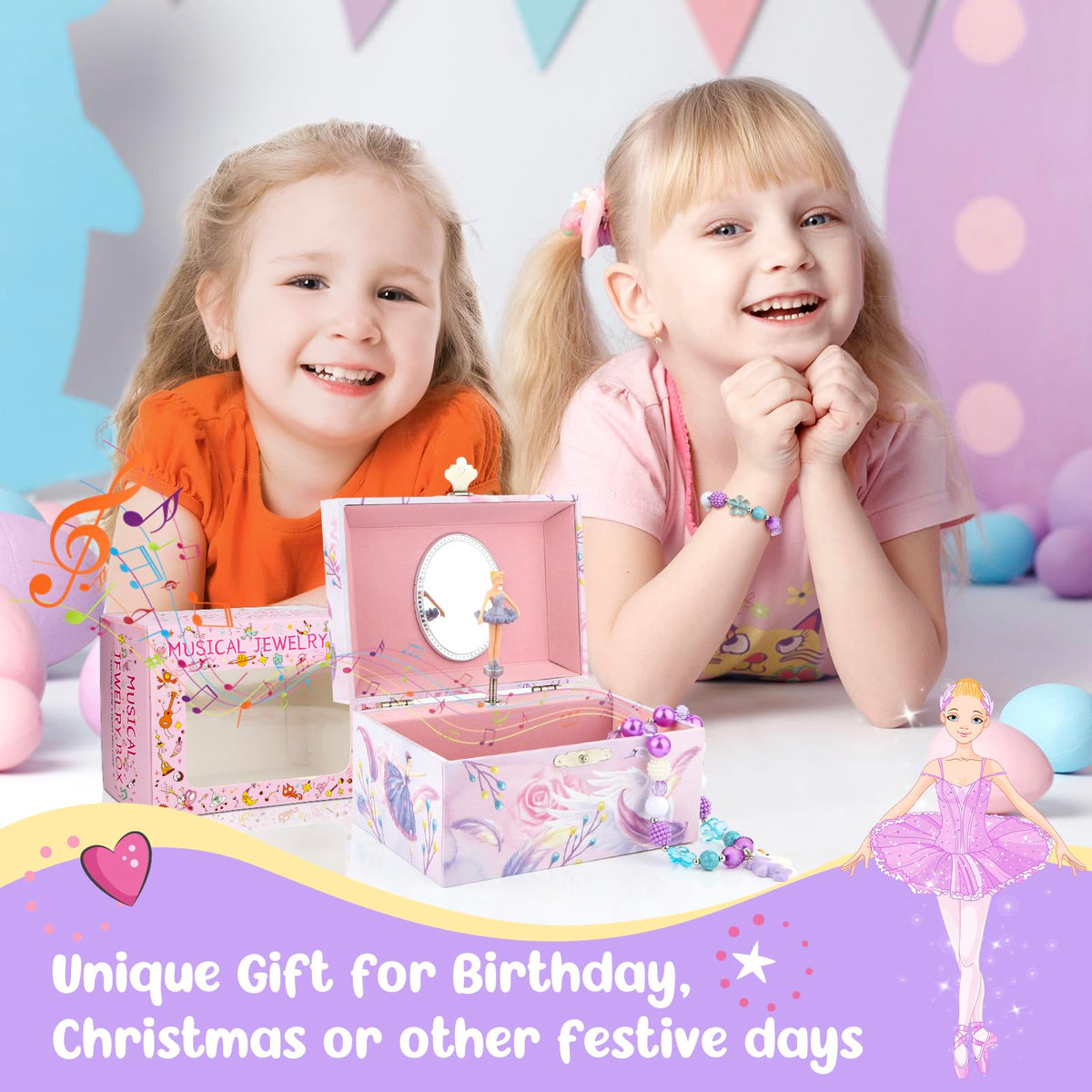 Taduoduo Girls' Musical Jewelry Box Organizer with Jewelry Set - Pink Purple Spinning Ballerina Theme, Swan Lake Tune - Jewelry Storage and Music Box for Girls