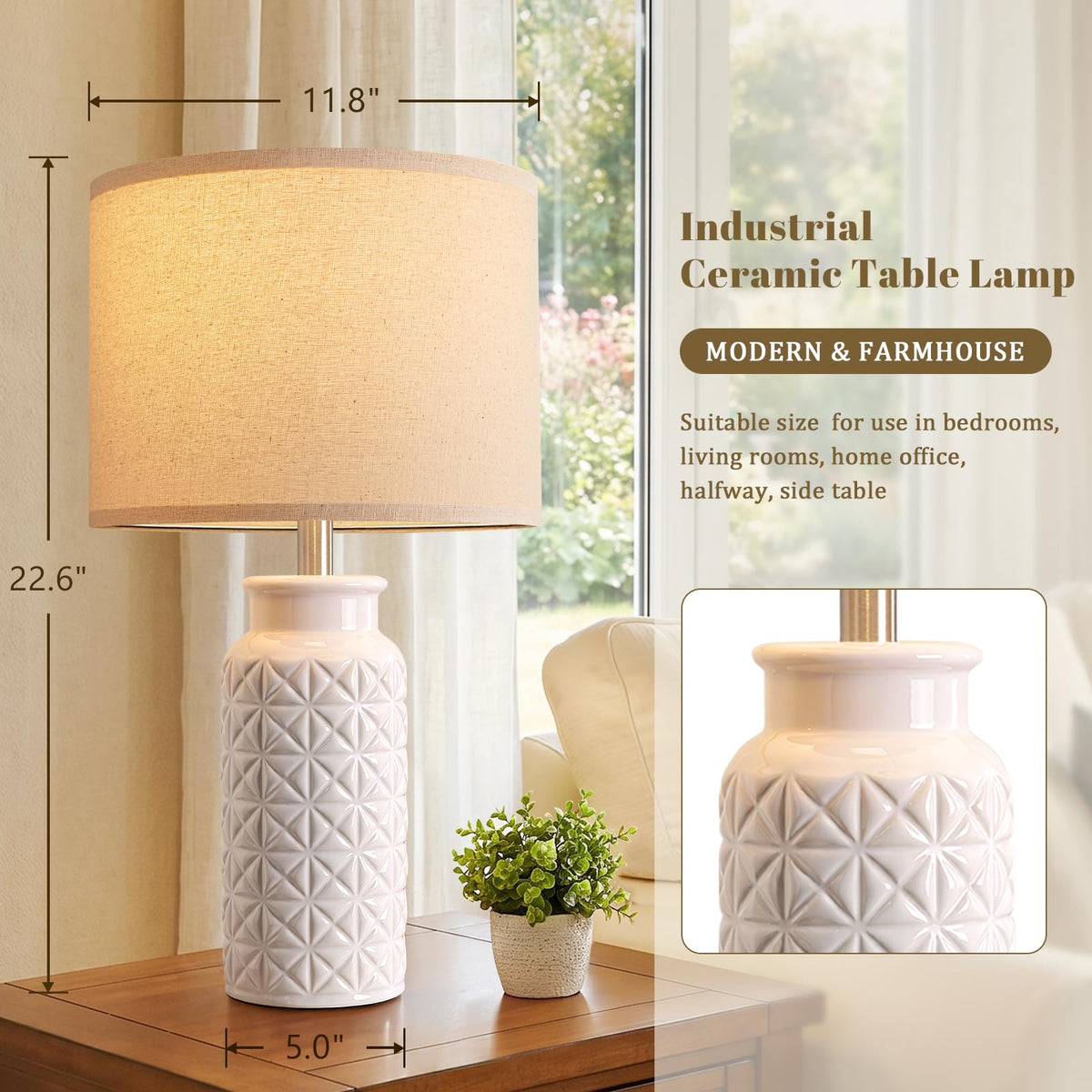 Innqoo 22.6" Modern Ceramic Bedside Lamps Set of 2, Lamps for Bedroom,White