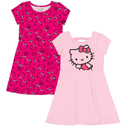 Hello Kitty Big Girls' 2-Pack Short Sleeve Allover Print and Graphic Knit Tee Dresses Fuchsia Pink Kitty 10-12