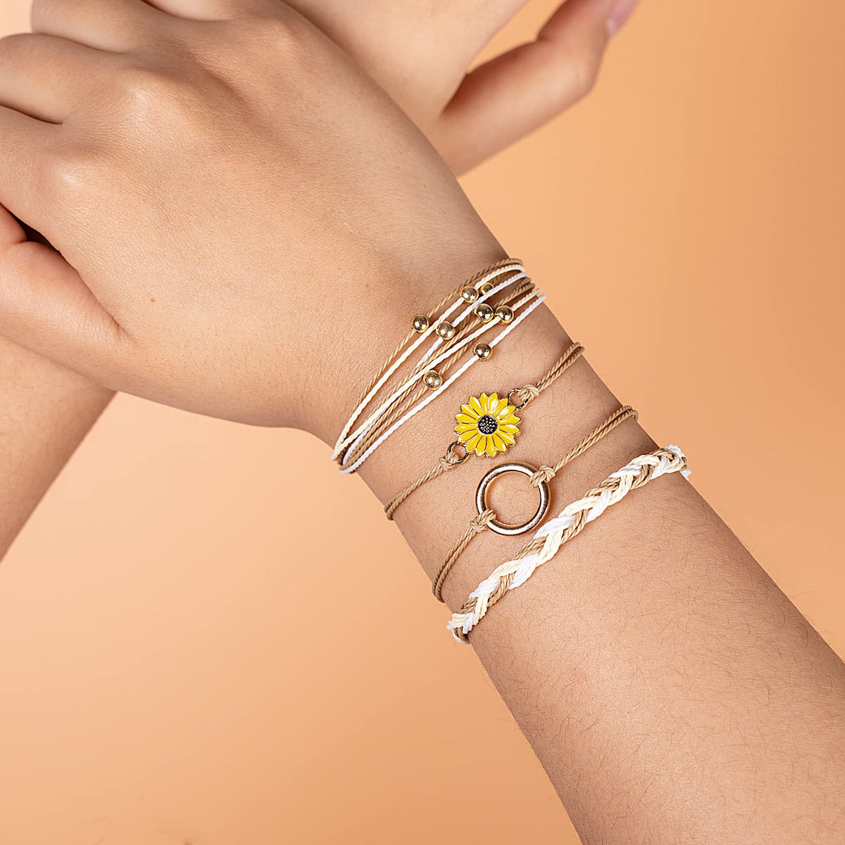 Tan Stackable Sunflower String Bracelets Cute Boho Summer Beach Jewelry
