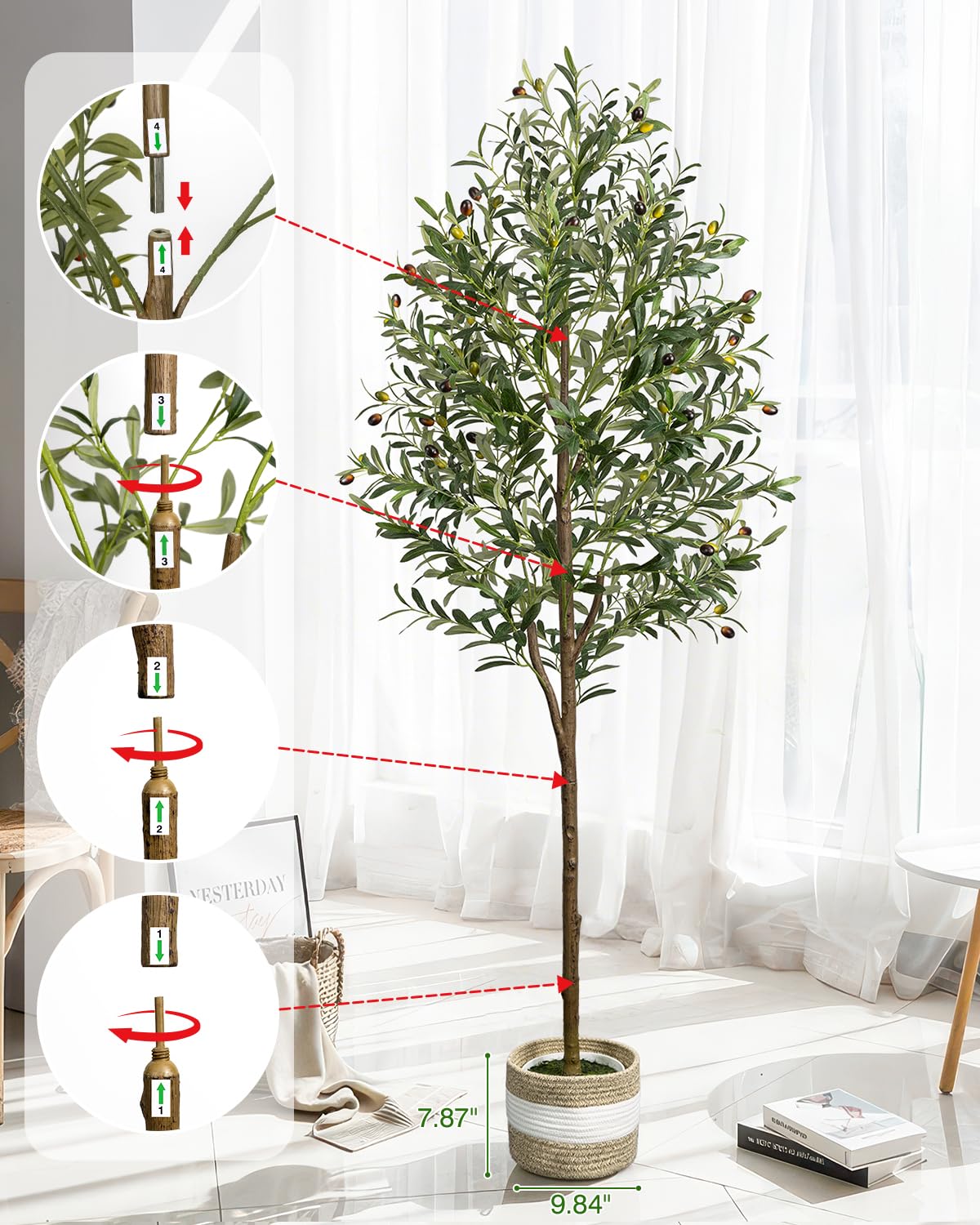 LuceAlberi 6FT Artificial Olive Tree Indoor Tall Faux with Planter&Basket