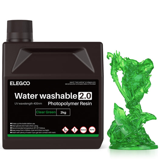 ELEGOO Upgraded Water Washable 3D Printer Resin 2.0, 405nm UV-Curing 3D Resin with Lower Shrinkage and Higher Precision for LCD 3D Printing Clear Green 2000g