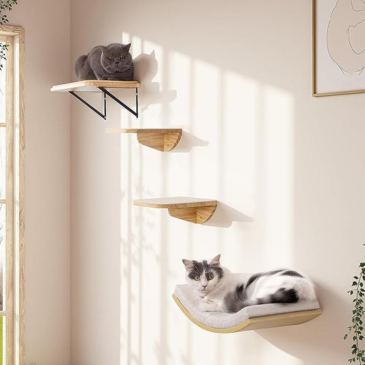 Cat Wall Shelves and Cats Window Perch ��� Natural Wood 4-Piece Set with Foam-Padded Curved Bed and Felt Steps, Space-Saving Wall Mounted