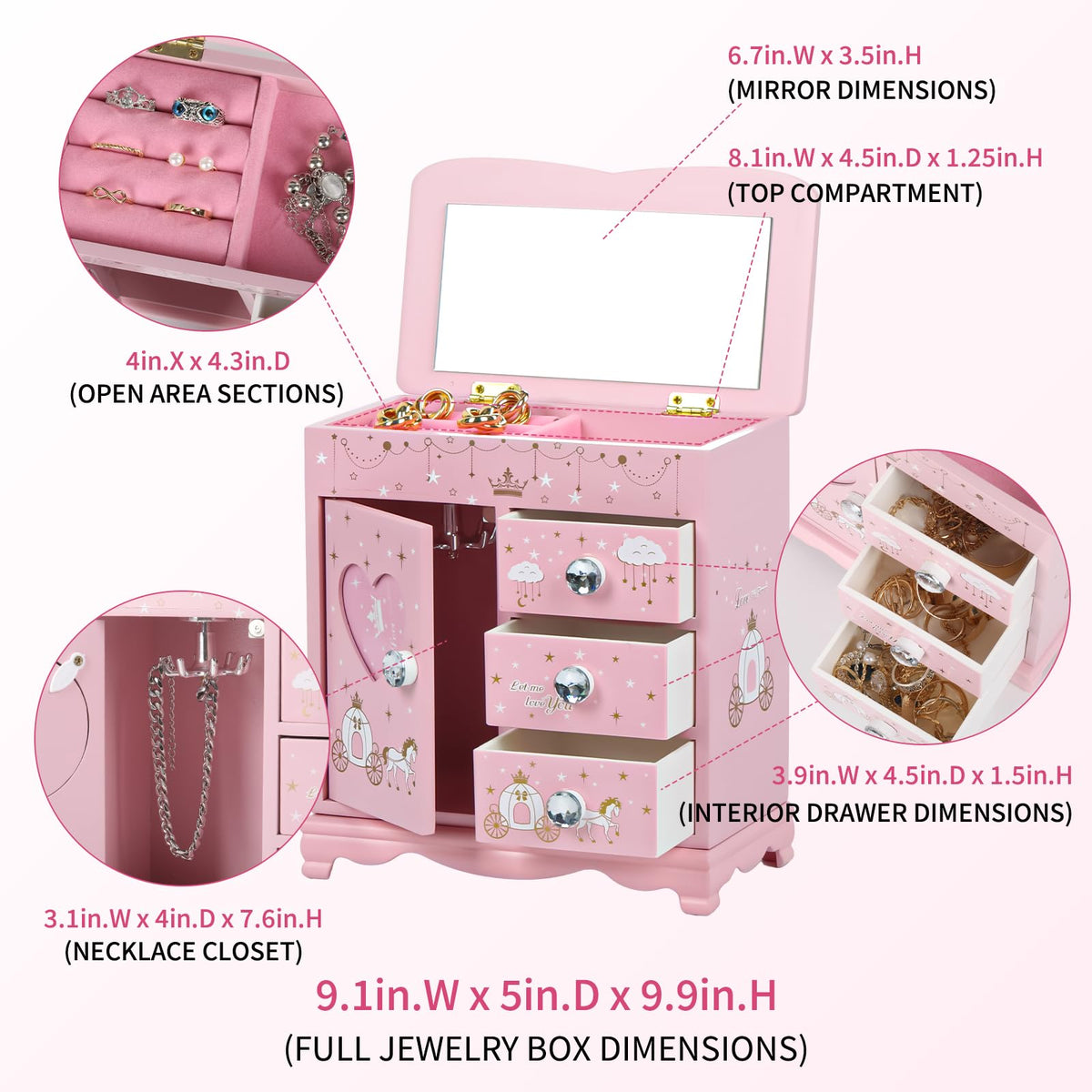 JIUYUAEZ Children Jewelry Box For Girls Pink Princess Castle Girls Little Girl Birthday Christmas girl jewelry box