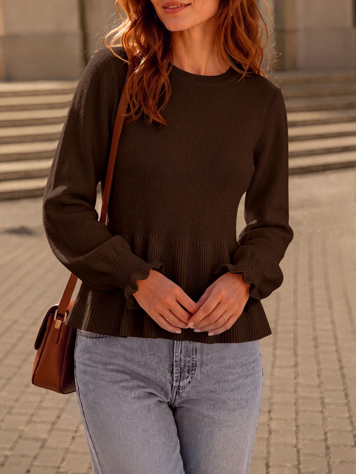 Saodimallsu Womens Fall Cropped Sweaters Knit Babydoll Peplum Sweater Tops