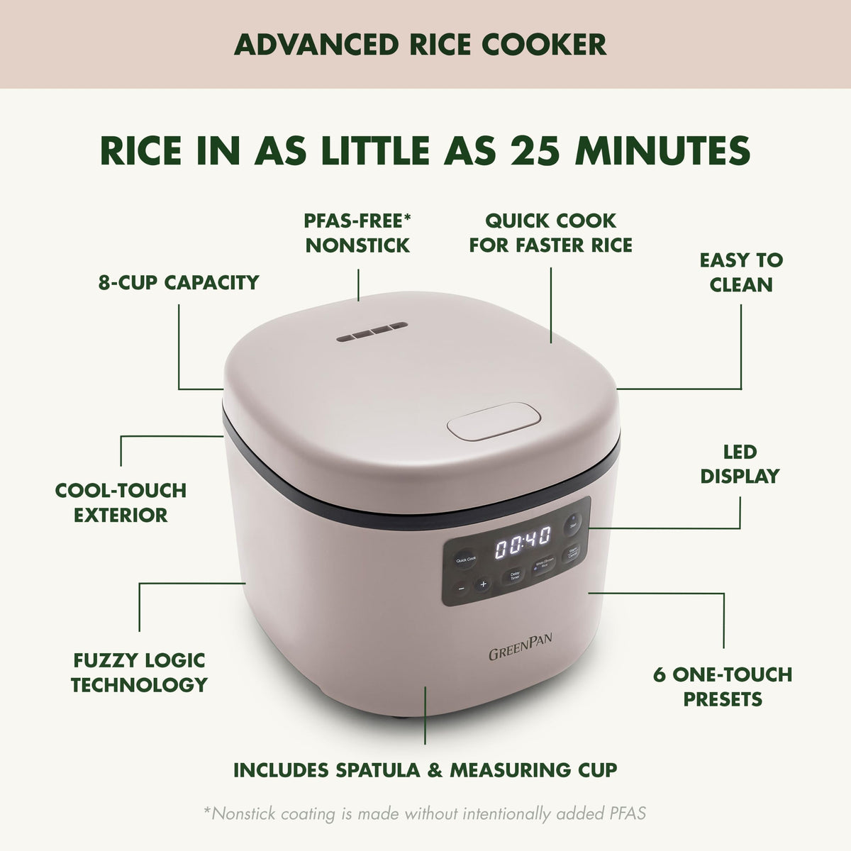 GreenPan Advanced Rice Cooker, 4-Cups Uncooked/8-Cups Cooked, Clay