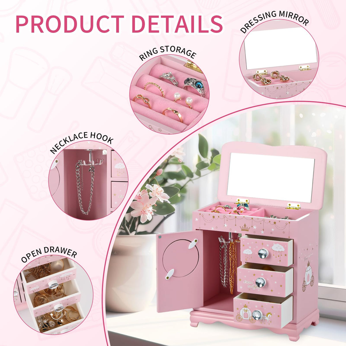 JIUYUAEZ Children Jewelry Box For Girls Pink Princess Castle Girls Little Girl Birthday Christmas girl jewelry box