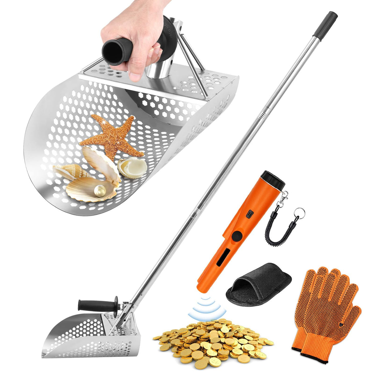 Fuairmee Sand Scoop for Metal Detecting with Handle&Metal Detector Pinpointer, Stainless Steel Detector Accessories, Metal Detector Scoop, Metal Detector Accessoriesfor Beach, Seaside Treasure Hunting