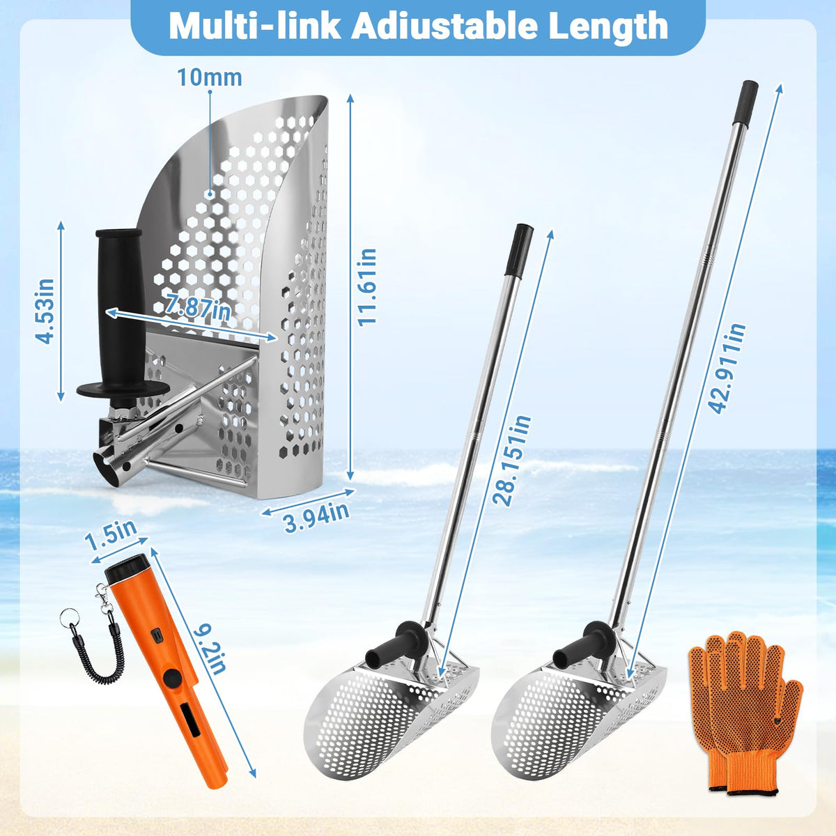 Fuairmee Sand Scoop for Metal Detecting with Handle&Metal Detector Pinpointer, Stainless Steel Detector Accessories, Metal Detector Scoop, Metal Detector Accessoriesfor Beach, Seaside Treasure Hunting