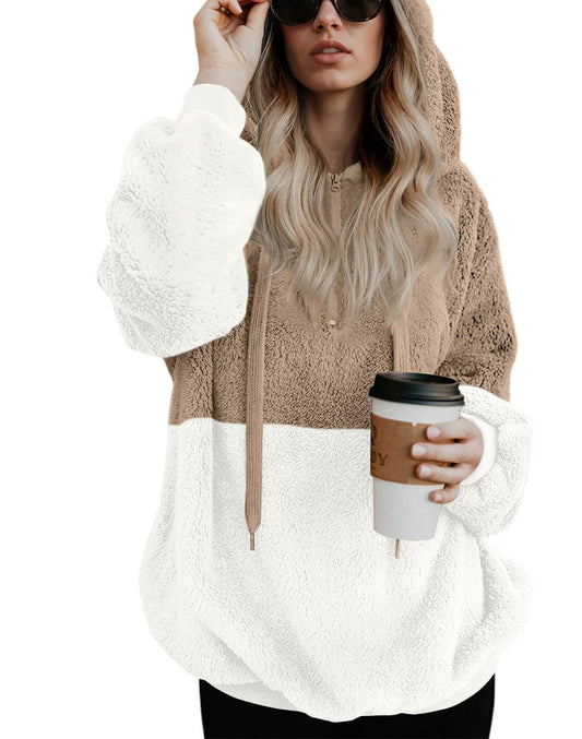 LONGYUAN Womens Casual Hoodies Fashion Fleece Sweatshirt Fuzzy Warm Pullover Khaki M