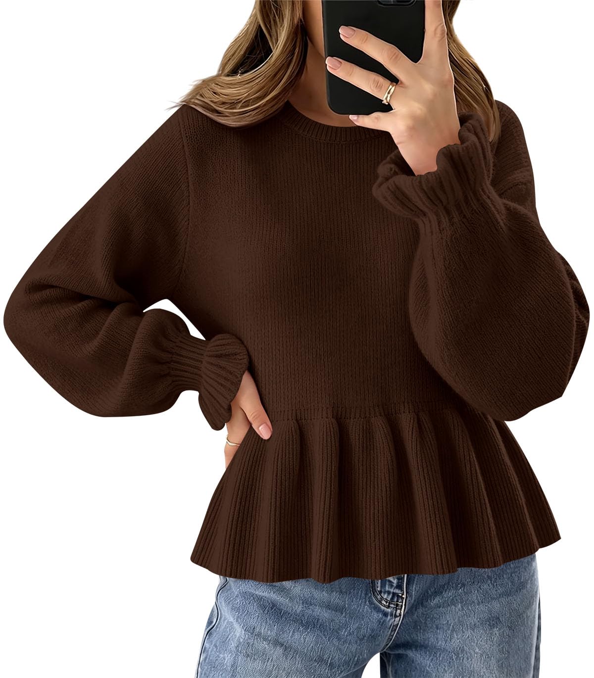 Saodimallsu Womens Fall Cropped Sweaters Knit Babydoll Peplum Sweater Tops