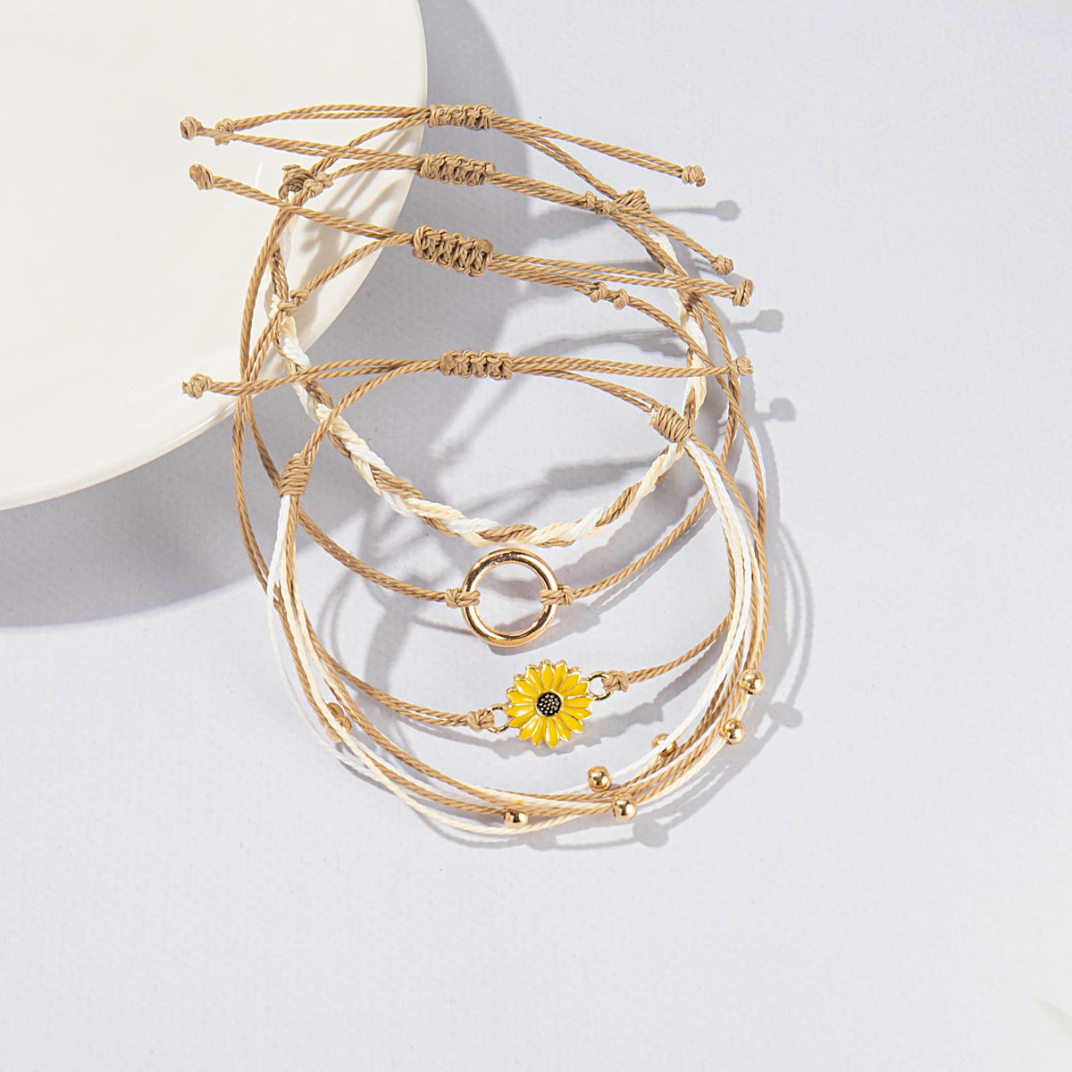 Tan Stackable Sunflower String Bracelets Cute Boho Summer Beach Jewelry