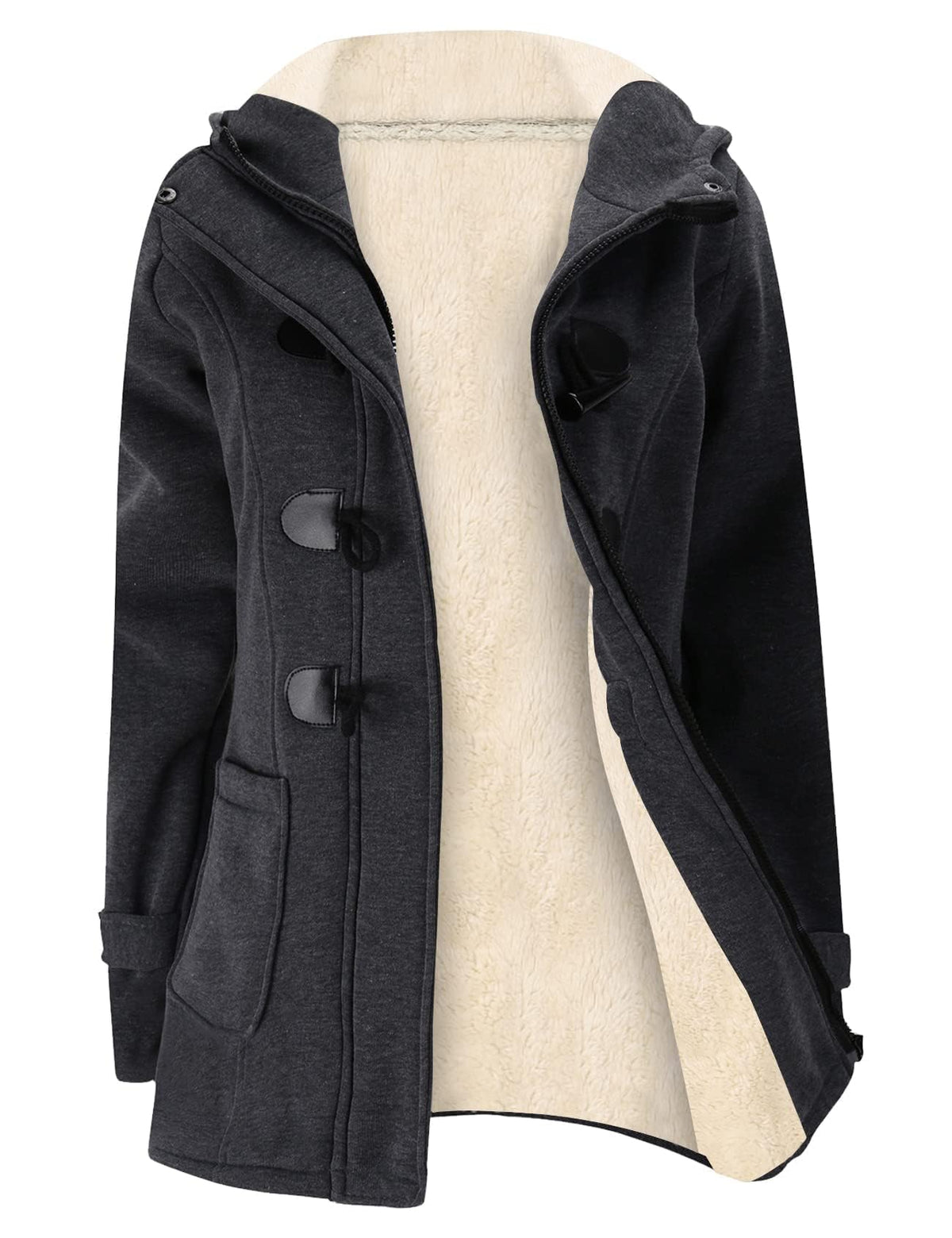 Gihuo Women's Sherpa Lined Toggle Duffle Coat Fleece Hooded Winter Warm Jacket Sweatshirt(DarkGrey01-XL)