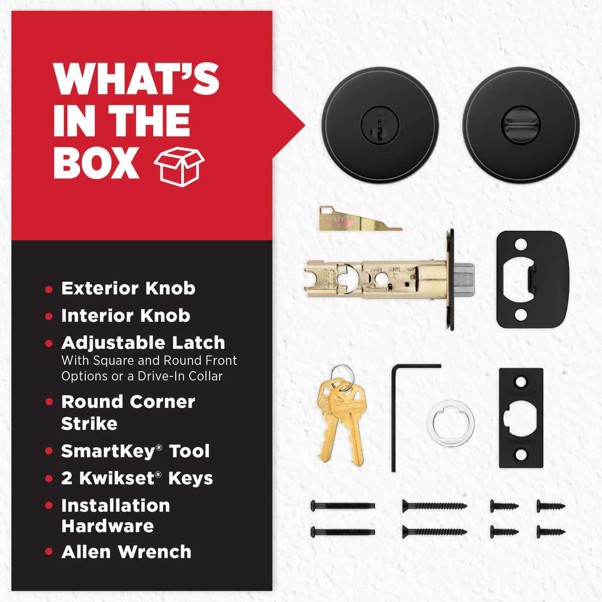 Kwikset Pismo Front Door Knob with Lock and Key, SmartKey, Matte Black