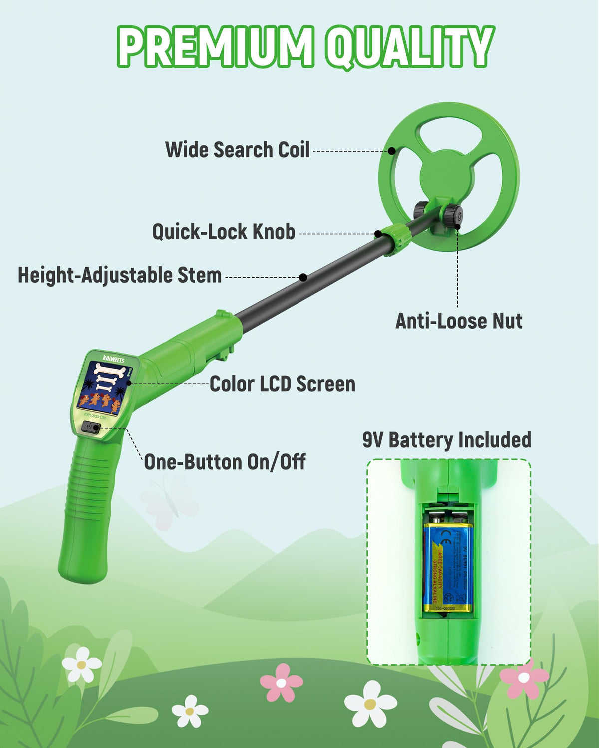 KAIWEETS Kids Metal Detector, 2026 New Animated Color Screen, Adjustable Stem, Lightweight, Treasure Hunt Gift, Complete Starter Kit with Backpack, Bonus Coins, Shovel, Rake (Explorer LITE)