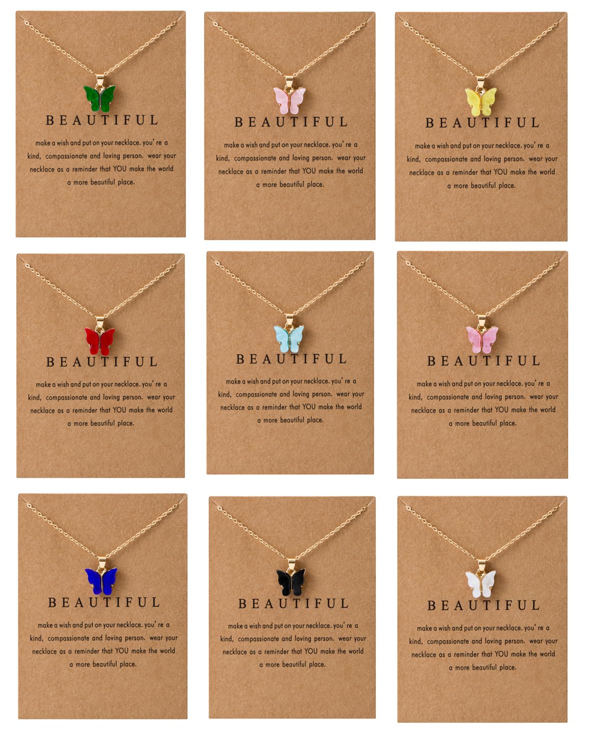 LOTSOF 18 Piece Butterfly Pendant Necklace Set, Colorful Acrylic Chain Necklaces for Women, Bohemian Jewelry Gift (18 PCS)