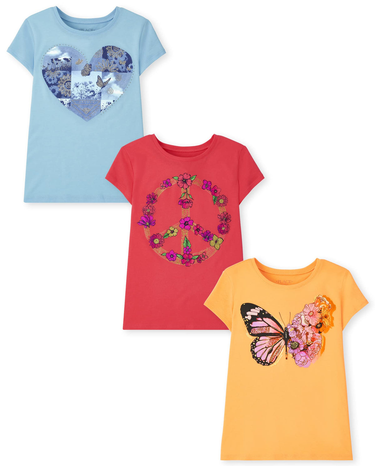 The Children's Place Girls Short Sleeve Graphic T- Shirt 3-PackButterfly/FloralMedium (7/8)
