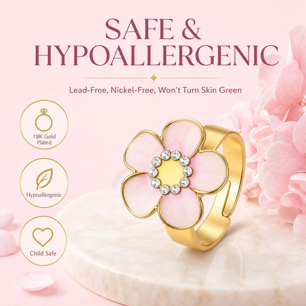 Sunflower Fidget Ring for Kids 18K Gold Plated Gifts Anxiety Adjustable
