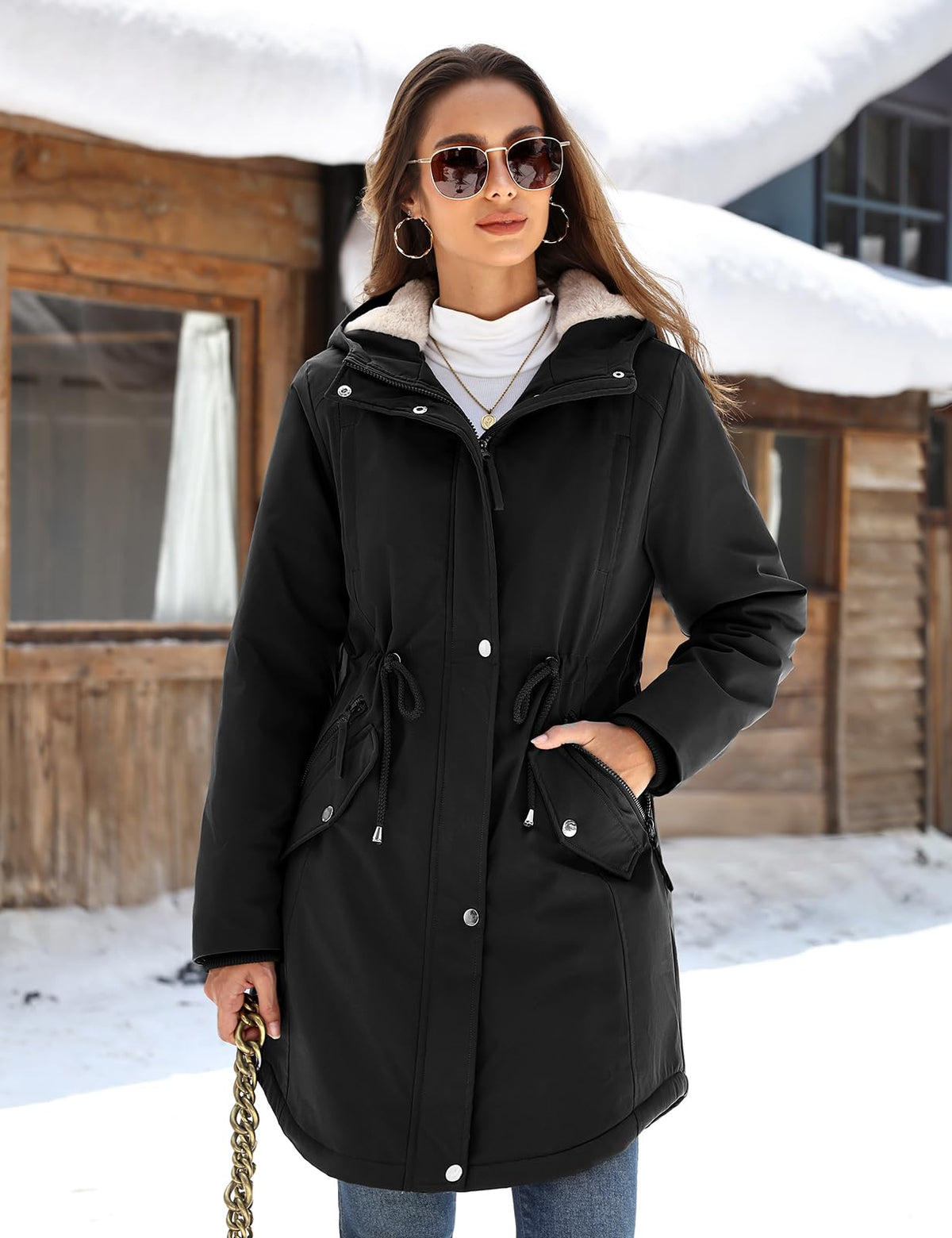 HEEKPEK Women Winter Fleece Lined Hooded Black Parka Jacket with 5 Pockets