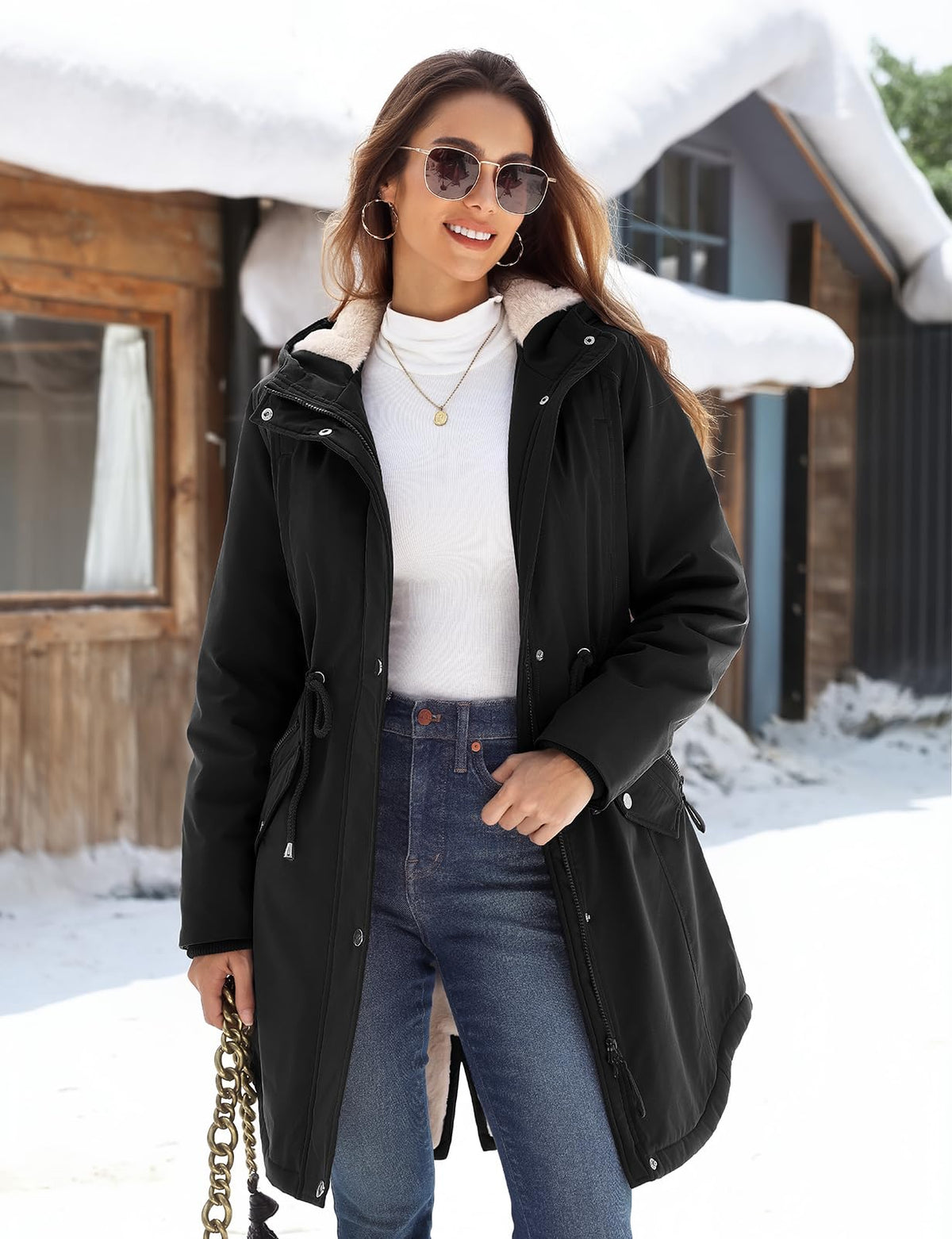 HEEKPEK Women Winter Fleece Lined Hooded Black Parka Jacket with 5 Pockets