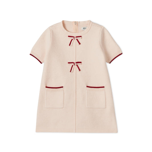 Amazon Essentials x Sofia Grainge Toddler Girls' Holiday Bow Front Shortsleeve Sweater Knit Dress, Light Pink Burgundy Combo, 2T