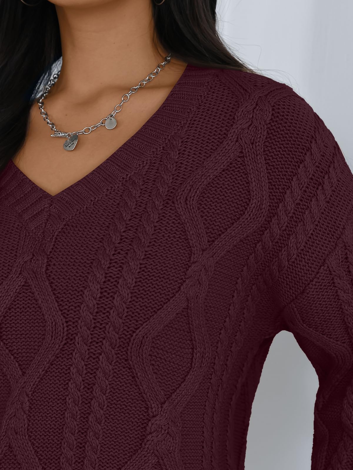 Trendy Queen Womens V Neck Cable Knit Sweaters Oversized Cozy Fall Pullover