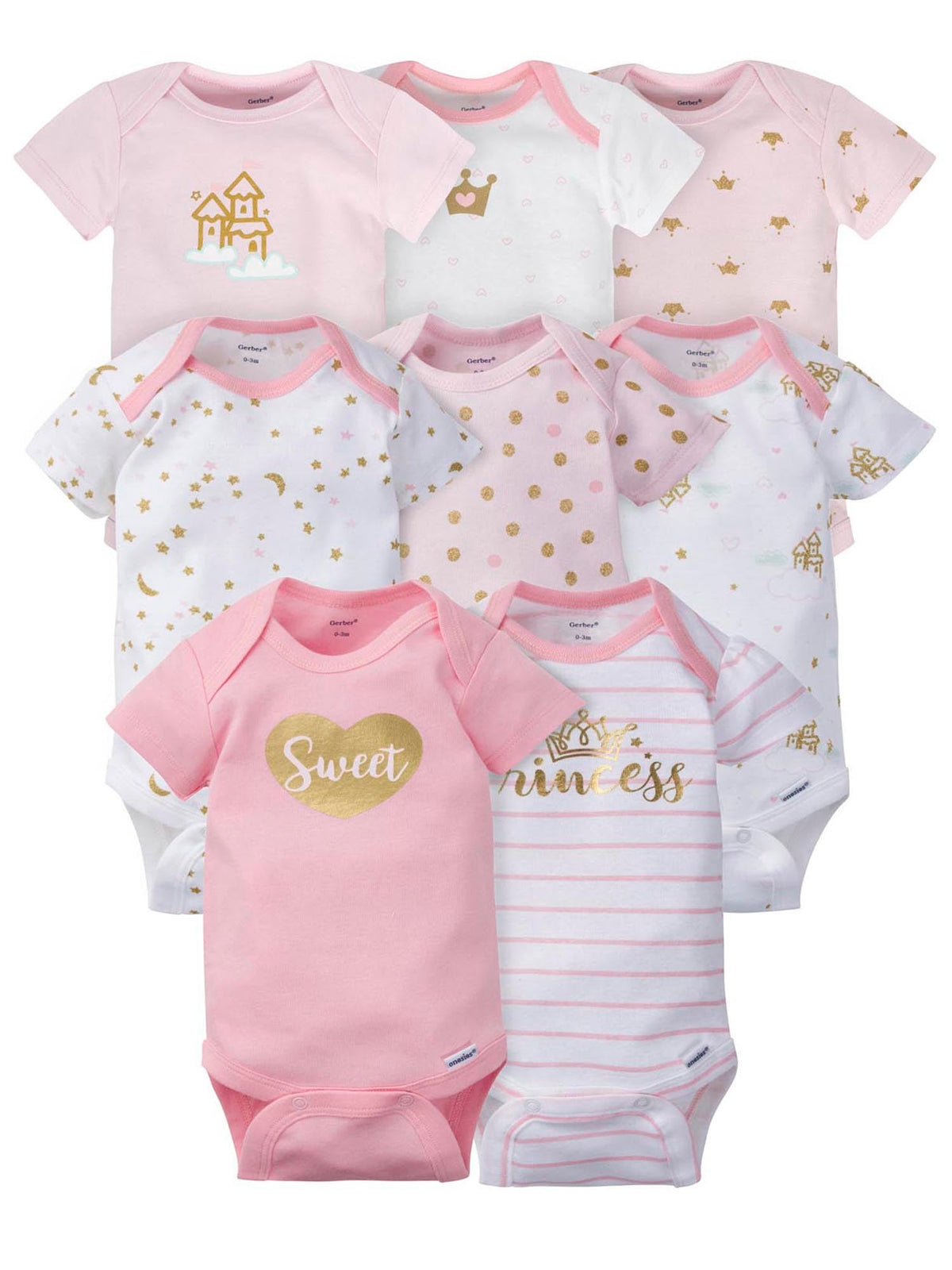 Gerber Baby Girls 8-pack Short Sleeve Onesies Bodysuits And Toddler T-Shirt Set, Castle, Newborn US