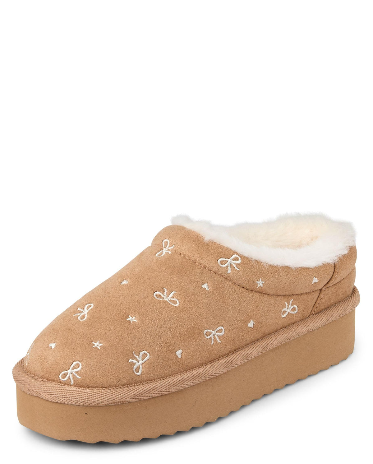 The Children's Place,Girls Indoor/Outdoor Comfy Slip on Platform Shoes, Faux Fur Lined,Tan Bows,13