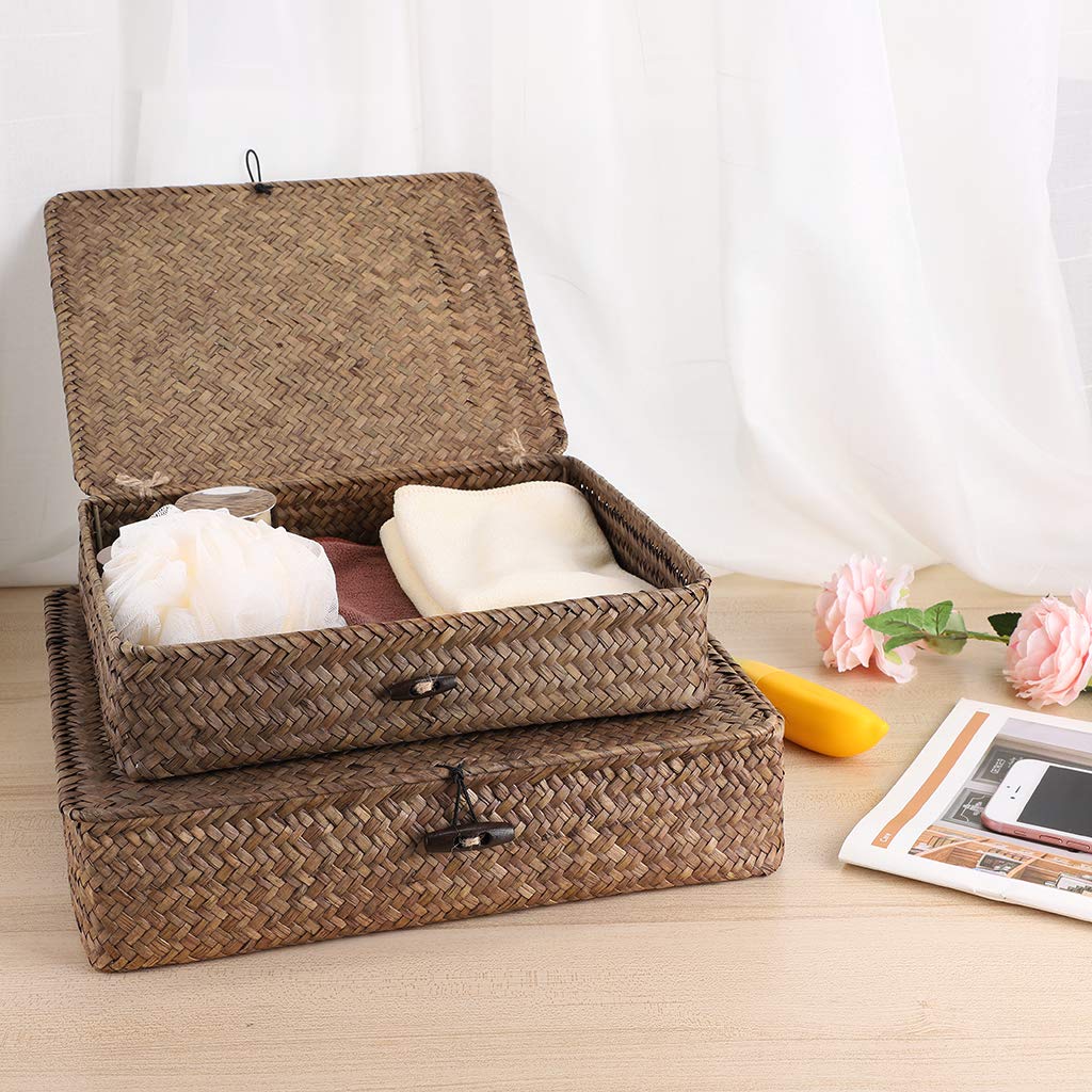 Hipiwe Set of 2 Flat Wicker Storage Basket Bins with Lid Woven Seagrass Box