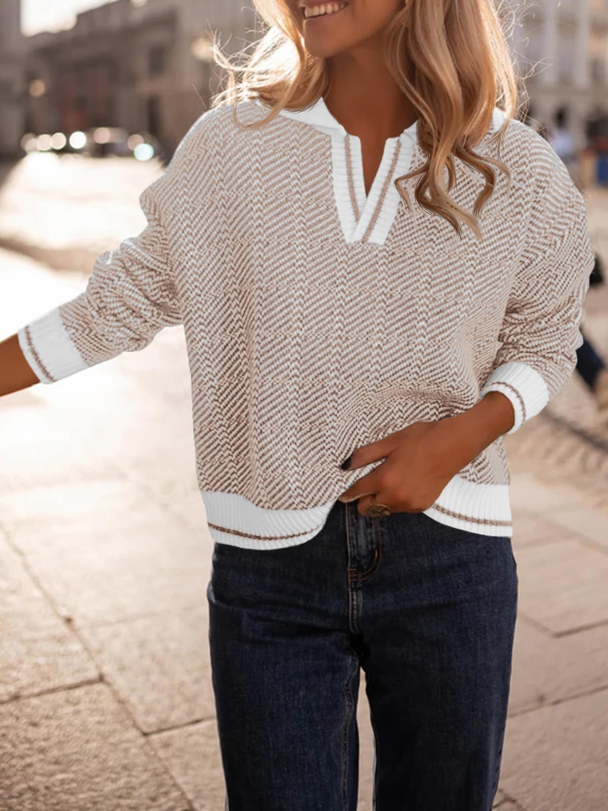 Saodimallsu Womens Fall Sweaters Tops Lapel V Neck Knit Color Block Shirt