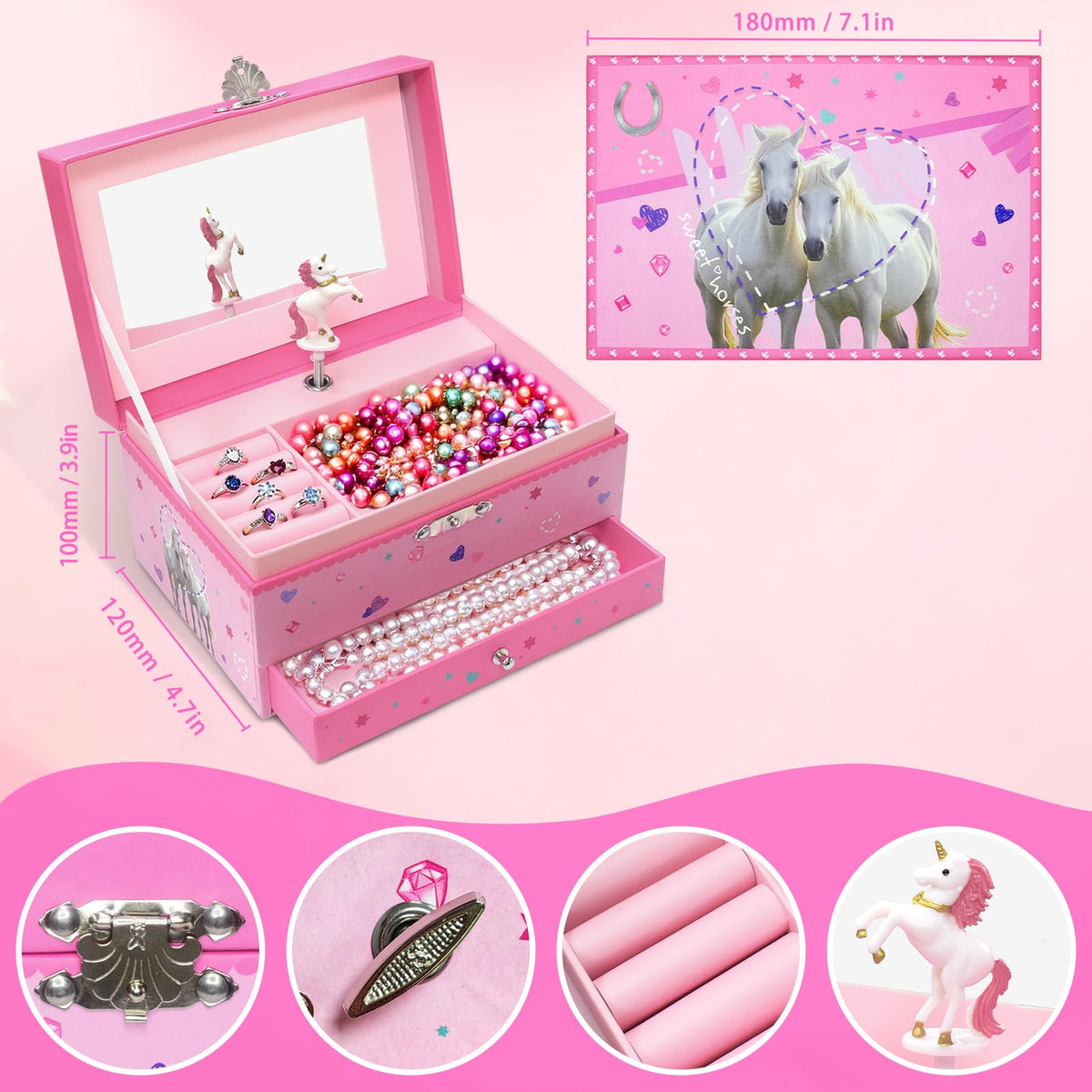 Jewelry Box for Girls with Drawer, Musical Kids Jewelry Box for Girls Gifts