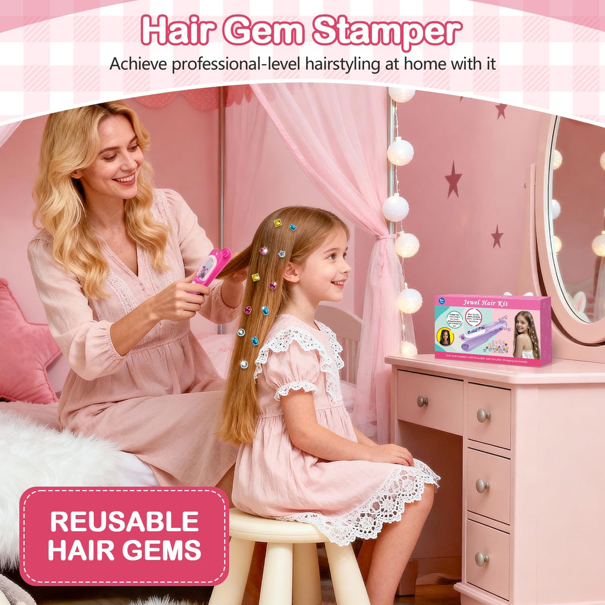ADXVR Hair Gem Stamper Kit - Bling Hair Jewels for Girls Toys - Hair Accessories with Reusable Shining Diamonds, Birthday Gifts for Girls 3 4 5 6 8-12