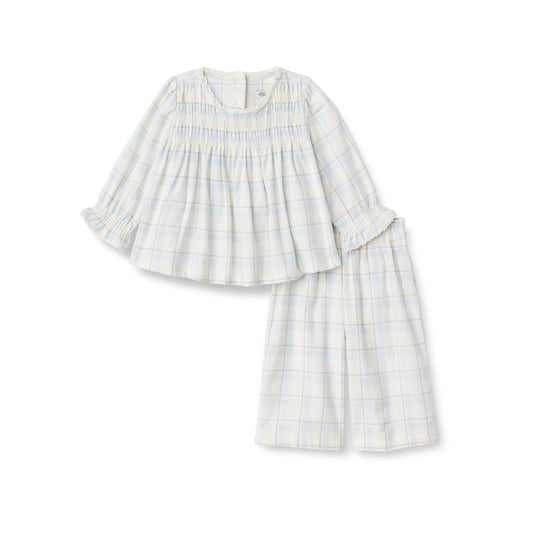 Amazon Essentials x Sofia Grainge Unisex Babies' Long Sleeve Flannel Set with Smocked Bodice, Lace Trim, Ivory Light Blue Simple Plaid, 24 Months