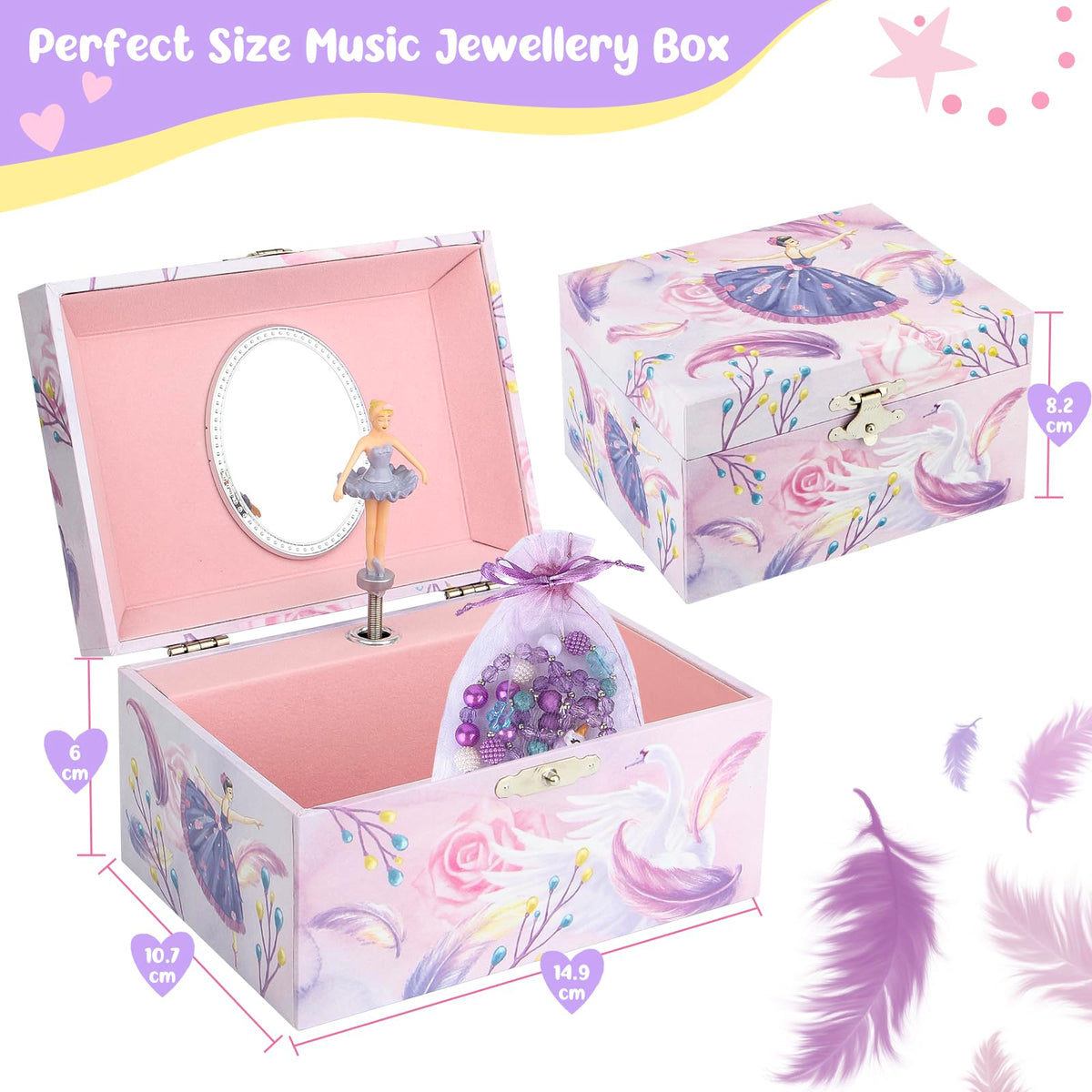 Homtibrm Musical Jewelry Box for Girls with Unicorn Jewelry Set, Kids Jewelry Box Music Box with Spinning Ballerina Birthday Gifts for Girls, Ballerina Swan Lake Tune