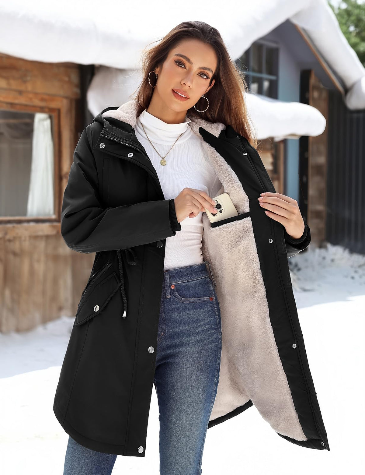 HEEKPEK Women Winter Fleece Lined Hooded Black Parka Jacket with 5 Pockets