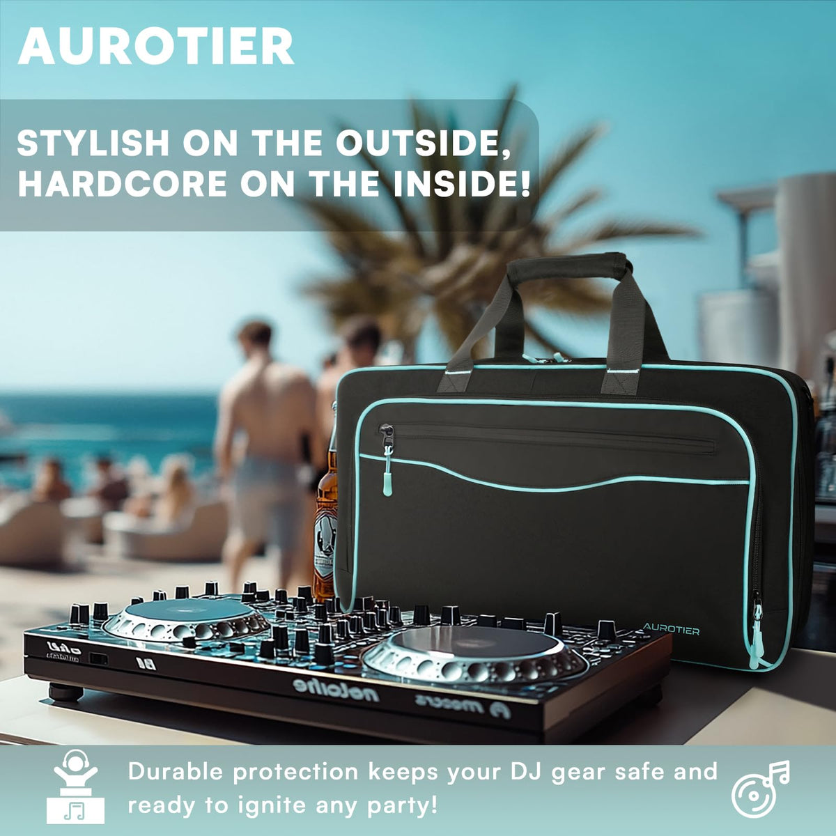 AUROTIER DJ Bag for DDJ-FLX4/DDJ 200/DDJ 400/DDJ REV1, Padded DJ Controller Crossbody Bag with 4 Pockets for 17.3 Inch Laptop, Cables, DJ Mixer Case with Adjustable Shoulder Strap for DJ Equipment