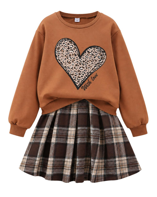 Afsmlys Tween Girl Clothes Winter 2 Piece Outfit Set Trendy Heart Print Sweatshirt + Plaid Pleated Skirt Teen Girl Cute Fall Spring School Clothing Size 14 15