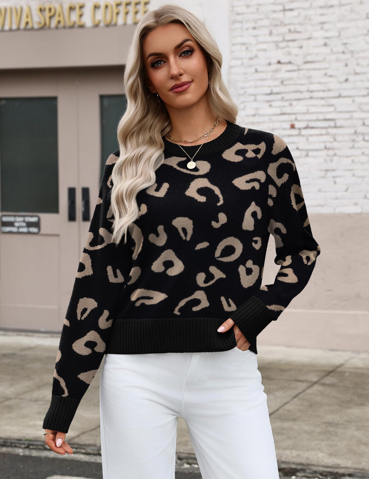 Zeagoo Women's Sweaters Cropped Leopard Print Black Sweater Winter Clothes