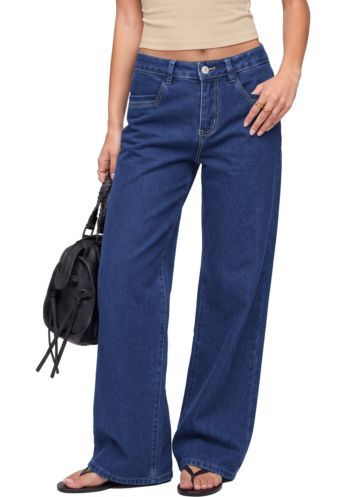 Sidefeel Women's Winter Jeans Wide Leg Fleece Lined Jeans Size 14 Dark Blue
