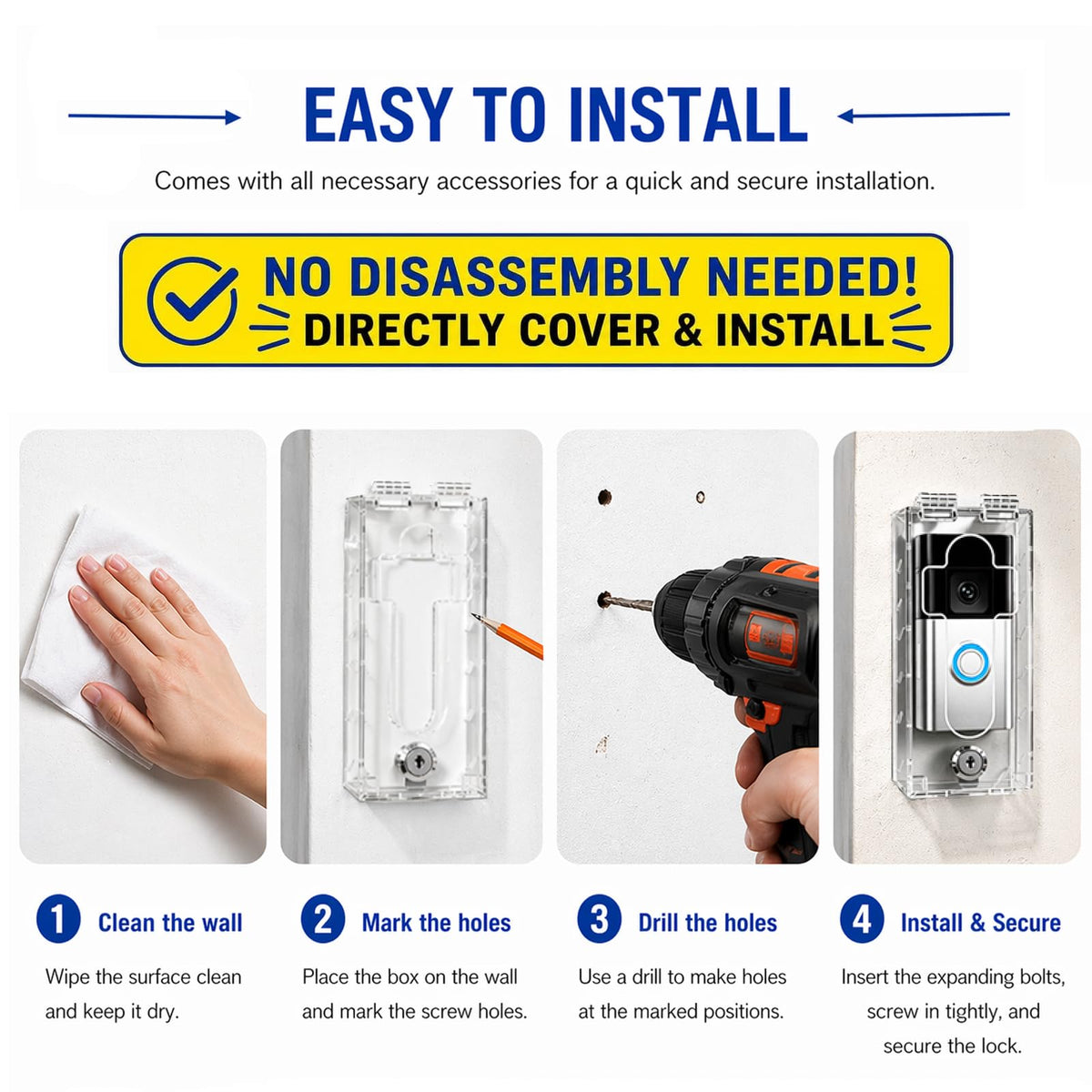 Outdoor Anti-Theft Doorbell Lock Box for Ring, Clear Acrylic Slip-On Cover