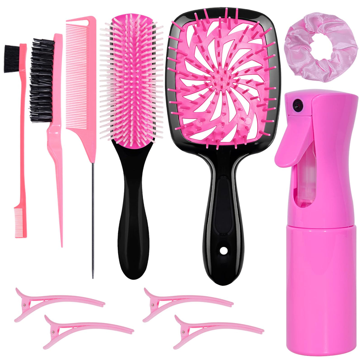 11-Piece Hair Brush Set with Detangling Brush and Hair Spray Bottle, Pink