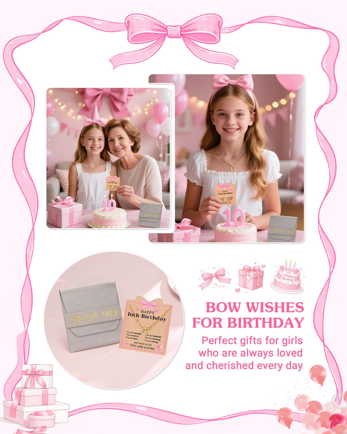 UNGENT THEM 10 Year Old Girl Birthday Gifts Bow 10th Decorations Necklace