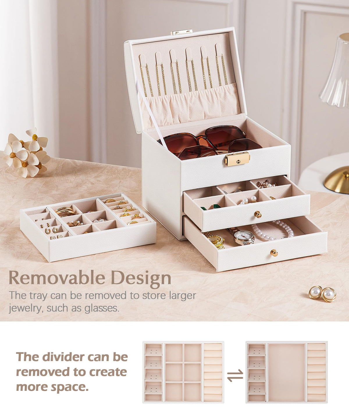 Homde Small Jewelry Box for Girls: 3-Layer Lockable Organizer (Cloud White)